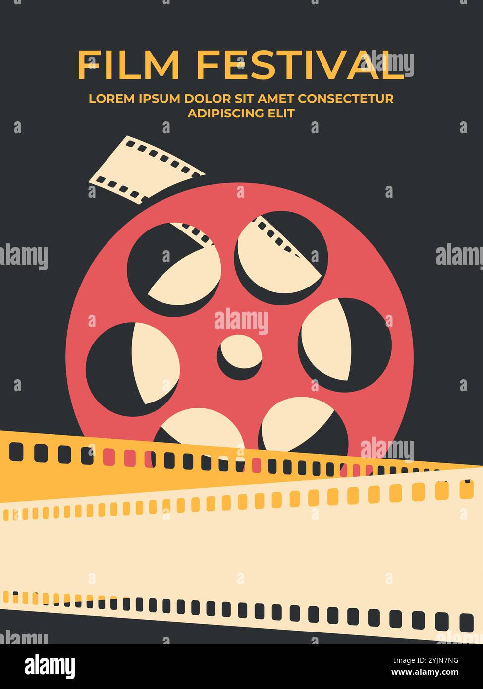 Design del modello di poster per festival cinematografici con bobina e strisce di pellicola incrociate. Poster cinematografico in stile retrò. Illustrazione vettoriale Illustrazione Vettoriale