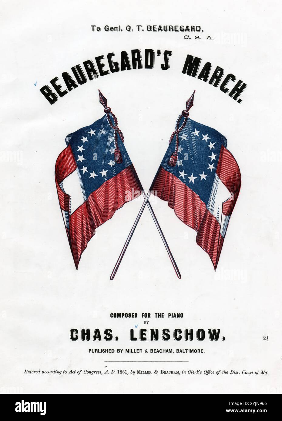 Beauregard march, Lenschow, CH. (composer), Miller & Beacham, Baltimore, 1861., Stati Uniti, storia, Guerra civile, 1861-1865, canzoni e musica, musica per pianoforte, Marches (piano), Beauregard, G. T. (Gustave Toutant), 1818-1893, Songs and Music, Flags, Confederate States of America, Pictorial Works, Popular Songs of the Day, Songs and Music, War and Conflict, Civil War and Reconstruction (1861-1877), Music Associated with the Confederate Side, spartiti Foto Stock