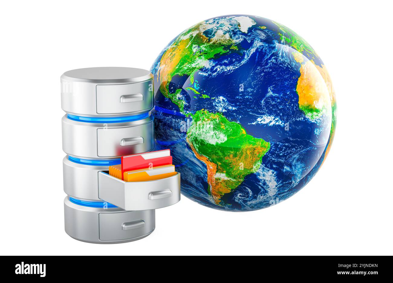 Database con Earth Globe. Concetto di comunicazione globale, rendering 3D isolato su sfondo bianco Foto Stock