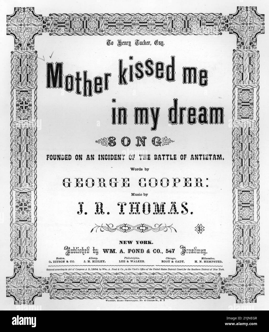 Mia madre mi ha baciato nel mio sogno, Thomas, J. R. (compositore), Cooper, George (paroliere), WM. A. Pond & Co., New York, 1864., Stati Uniti, storia, Civil War, 1861-1865, canzoni e musica, Antietam, Battaglia di, MD., 1862, Songs and Music, Mothers and Sons, Stati Uniti, canzoni e musica, musica popolare, Stati Uniti, a 1901, Stati Uniti, storia, Guerra civile, 1861-1865, vittime, canzoni e musica, Soldiers, United States, Death, Songs and Music, Popular Songs of the Day, Songs and Music, War and Conflict, Civil War and Reconstruction (1861-1877), Music Associated with the Union Side, spartiti Foto Stock