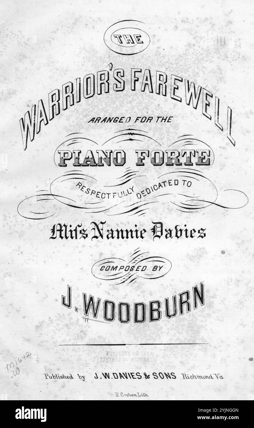 The Warrior's farewell, Woodburn, J. (compositore), J. W. Davies & Sons, Richmond., Stati Uniti, storia, Guerra civile, 1861-1865, canzoni e musica, canzoni con pianoforte, Stati Uniti, storia, Civil War, 1861-1865, Social aspects, Songs and Music, Popular Songs of the Day, Songs and Music, War and Conflict, Civil War and Reconstruction (1861-1877), Music Associated with the Confederate Side, spartiti Foto Stock