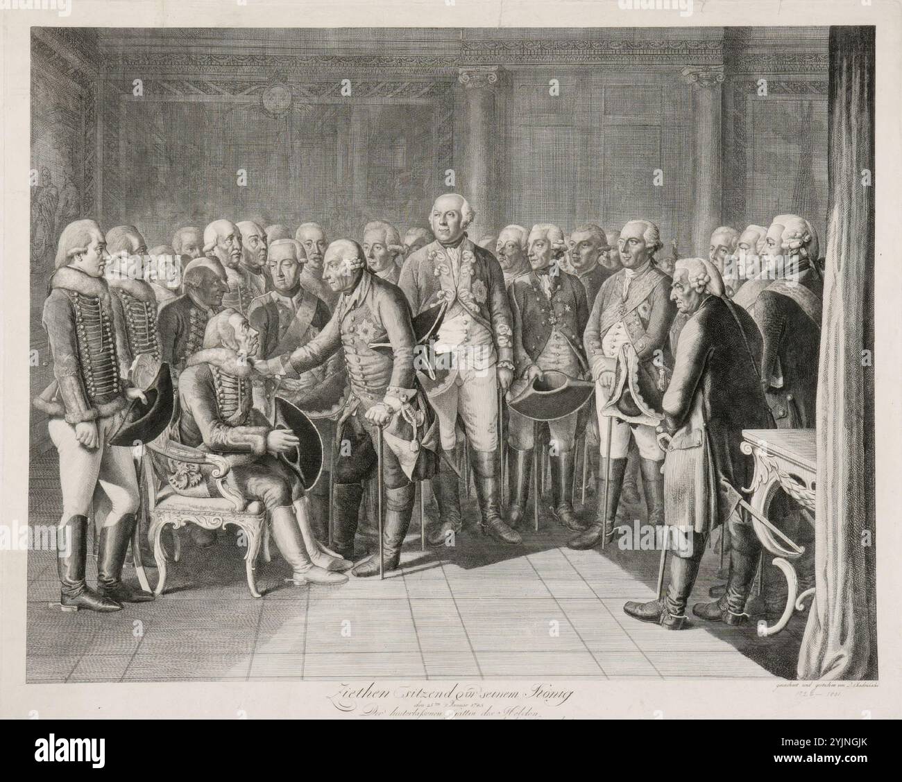 Chodowiecki, Daniel Nicolaus, lavoro, Ziethen siede davanti al suo re, 1785, incisione in rame, grafica, larghezza piatto 58 cm, altezza piatto 47,4 cm, larghezza foglia 63,5 cm, altezza foglia 49,3 cm, immagine Foto Stock