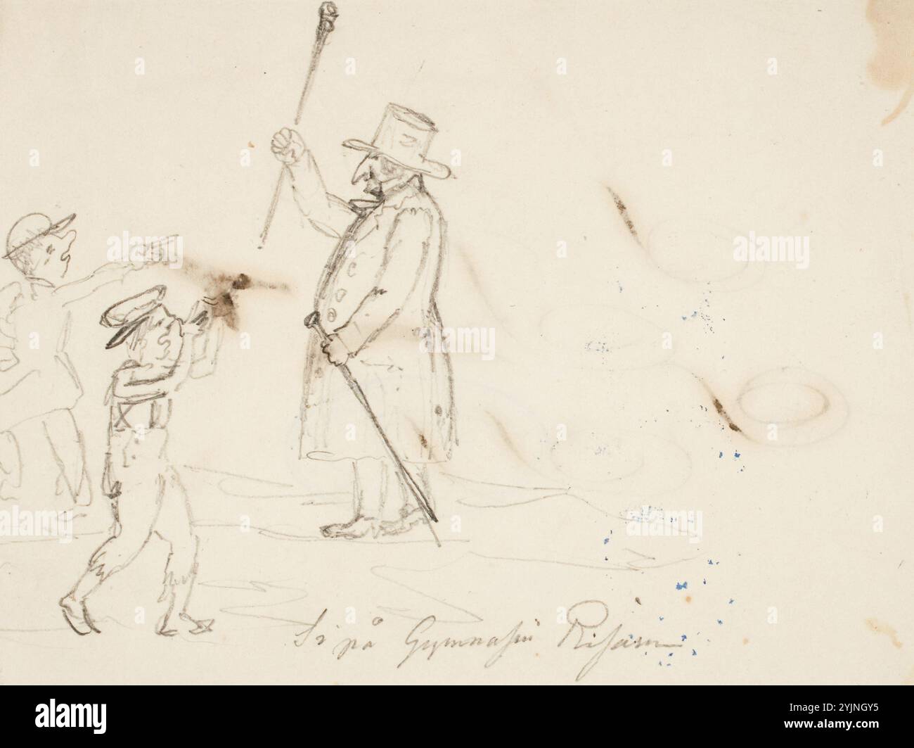 Ekman, Anders, lavoro, caricatura di un vecchio con un cappello alto e due ragazzi, disegno, 12,5 cm x 18 cm Foto Stock