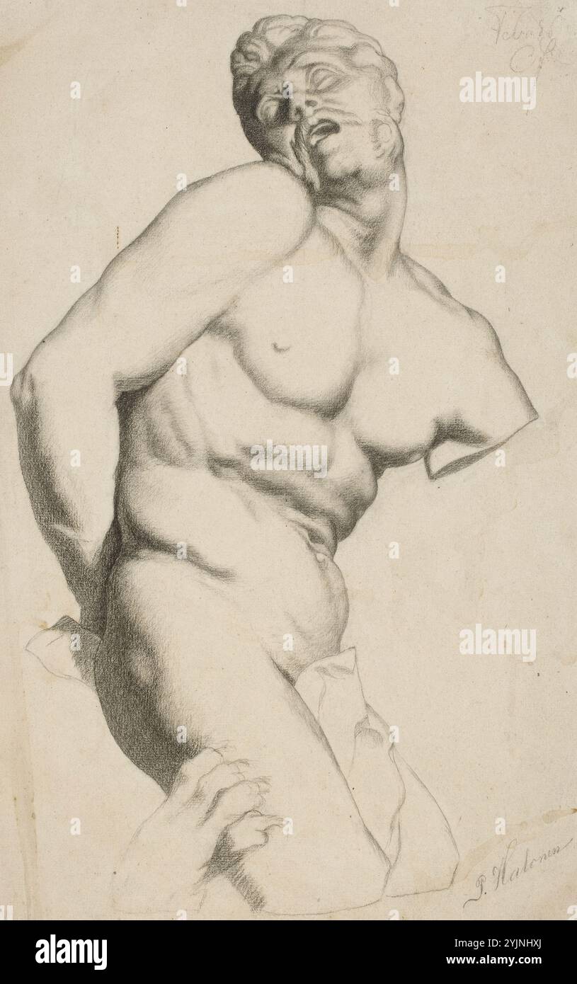 Halonen, Pekka, lavoro, parte di un gruppo di scultura, un giovane tormentato da una bestia, lavoro studentesco da gesso (P. Puget, Milon Krotonilainen), 1886, carbone, disegno, dimensioni: 45 cm x 29,5 cm Foto Stock