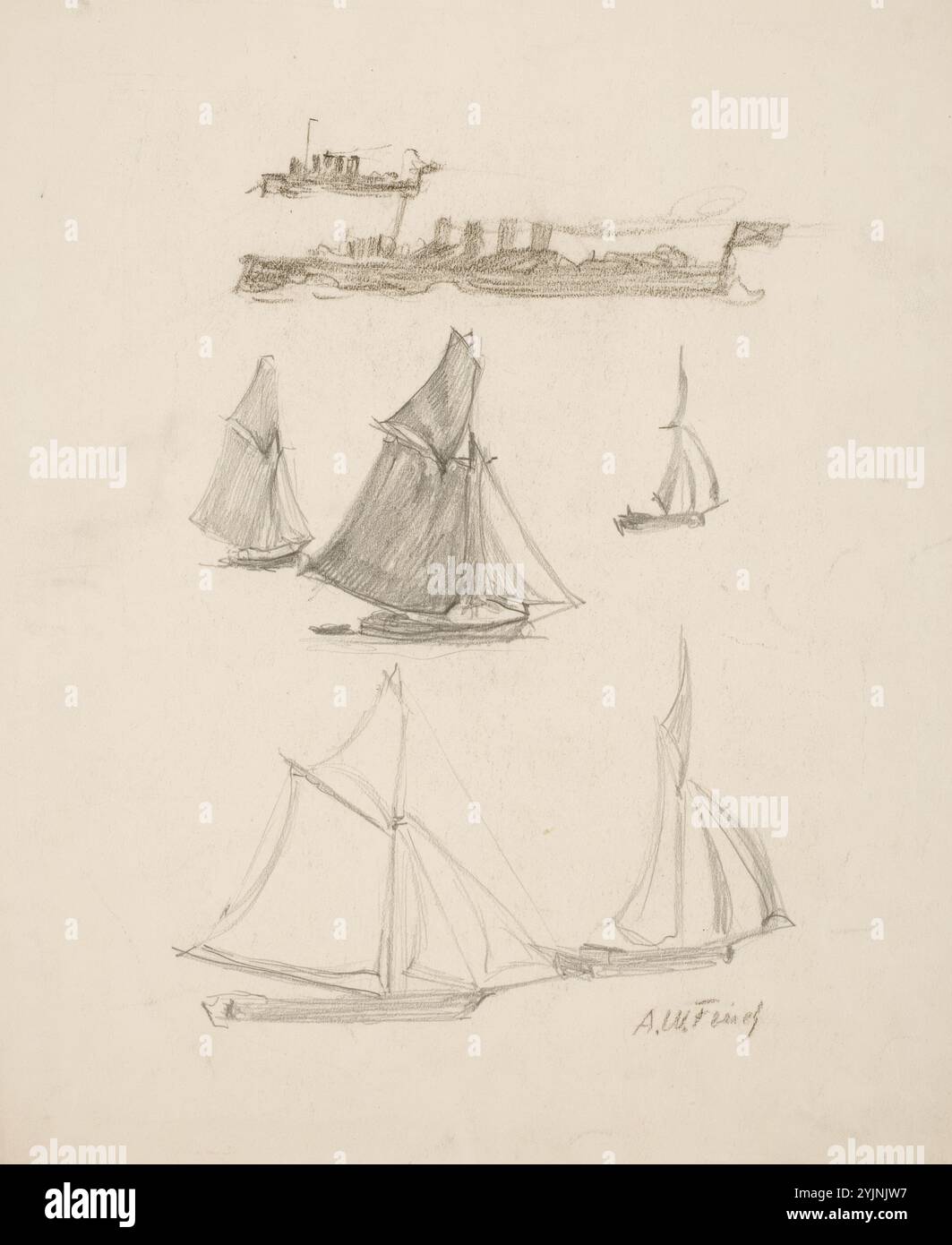 Finch, Alfred William, Work, Vela e piroscafi, matita e gesso nero, disegno, 38,5 cm x 29,5 cm Foto Stock