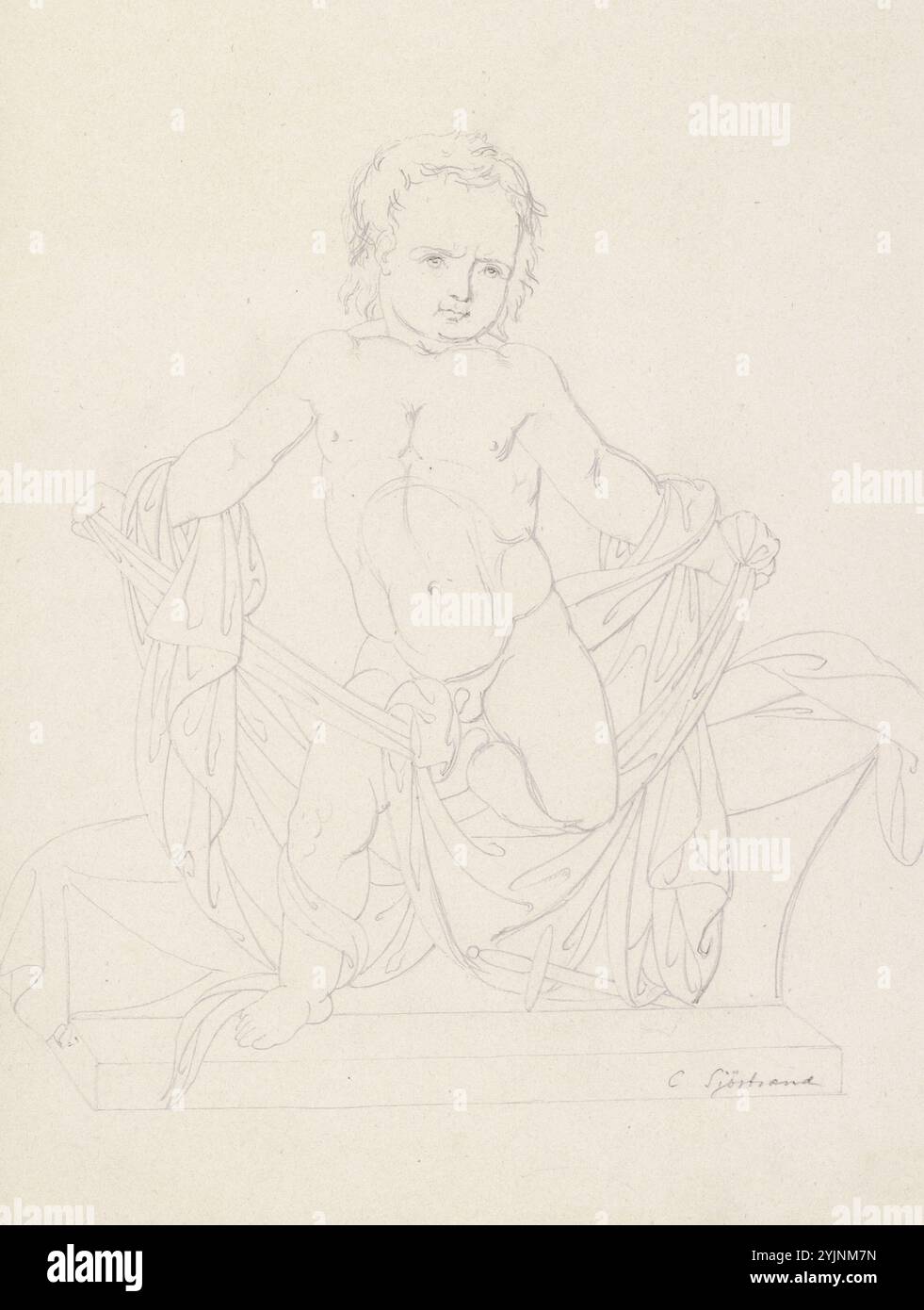 Sjöstrand, Carl Eneas, lavoro, Kullervo taglia il mantello, schizzo per una scultura, disegno a matita, disegno, KALEVALA, SCENA, Kullervo, bambino, rottura abiti a dondolo, stativo, 24,5 cm x 18 cm Foto Stock