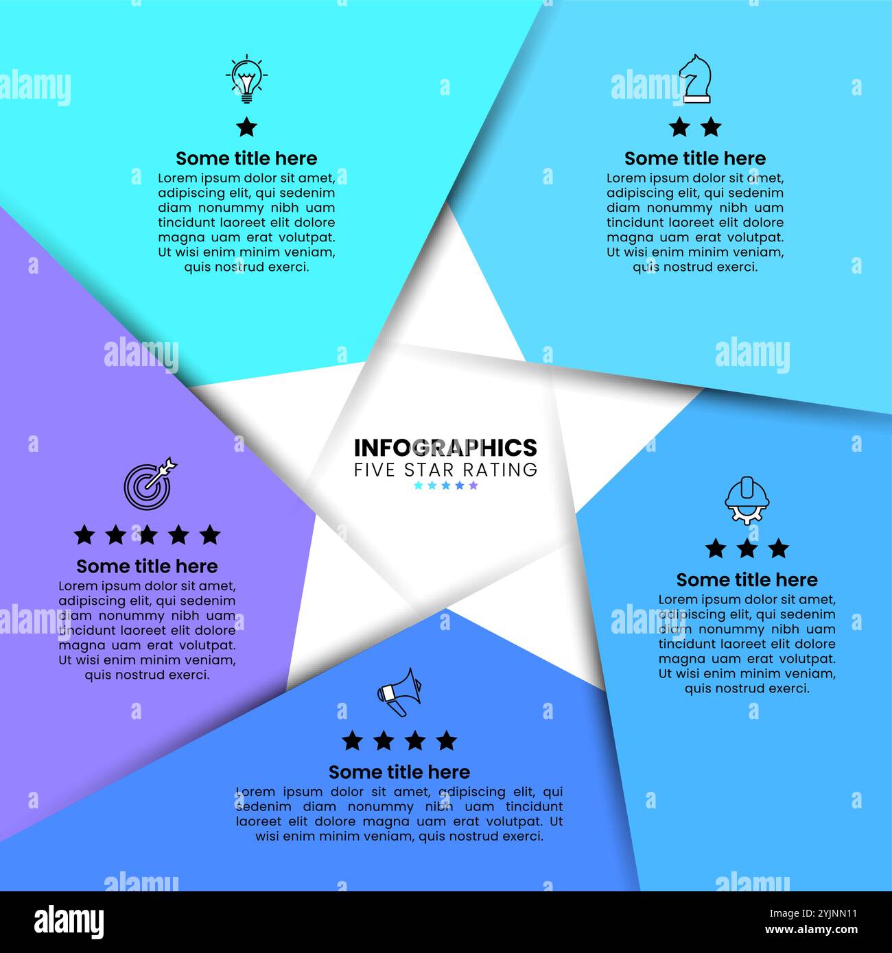 Modello infografico con icone e 5 opzioni o passaggi. Classificazione a stelle. Può essere utilizzato per layout del flusso di lavoro, diagrammi, banner, webdesign. Illustrazione vettoriale Illustrazione Vettoriale