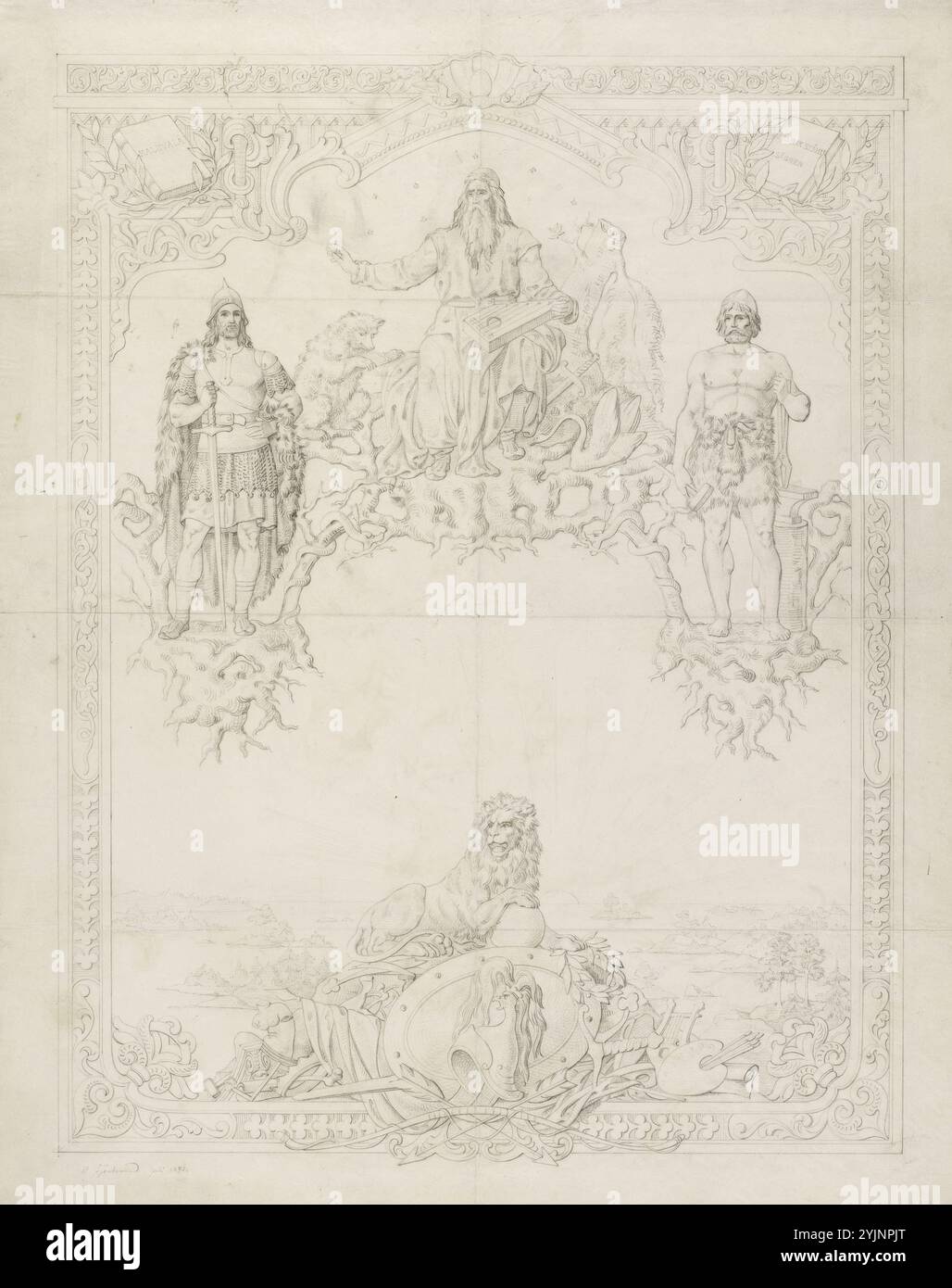 Sjöstrand, Carl Eneas, lavoro, proposta di frontespizio del libro, certificato d'onore, ecc., 1871, categoria: Disegno, 50 cm x 38,5 cm Foto Stock