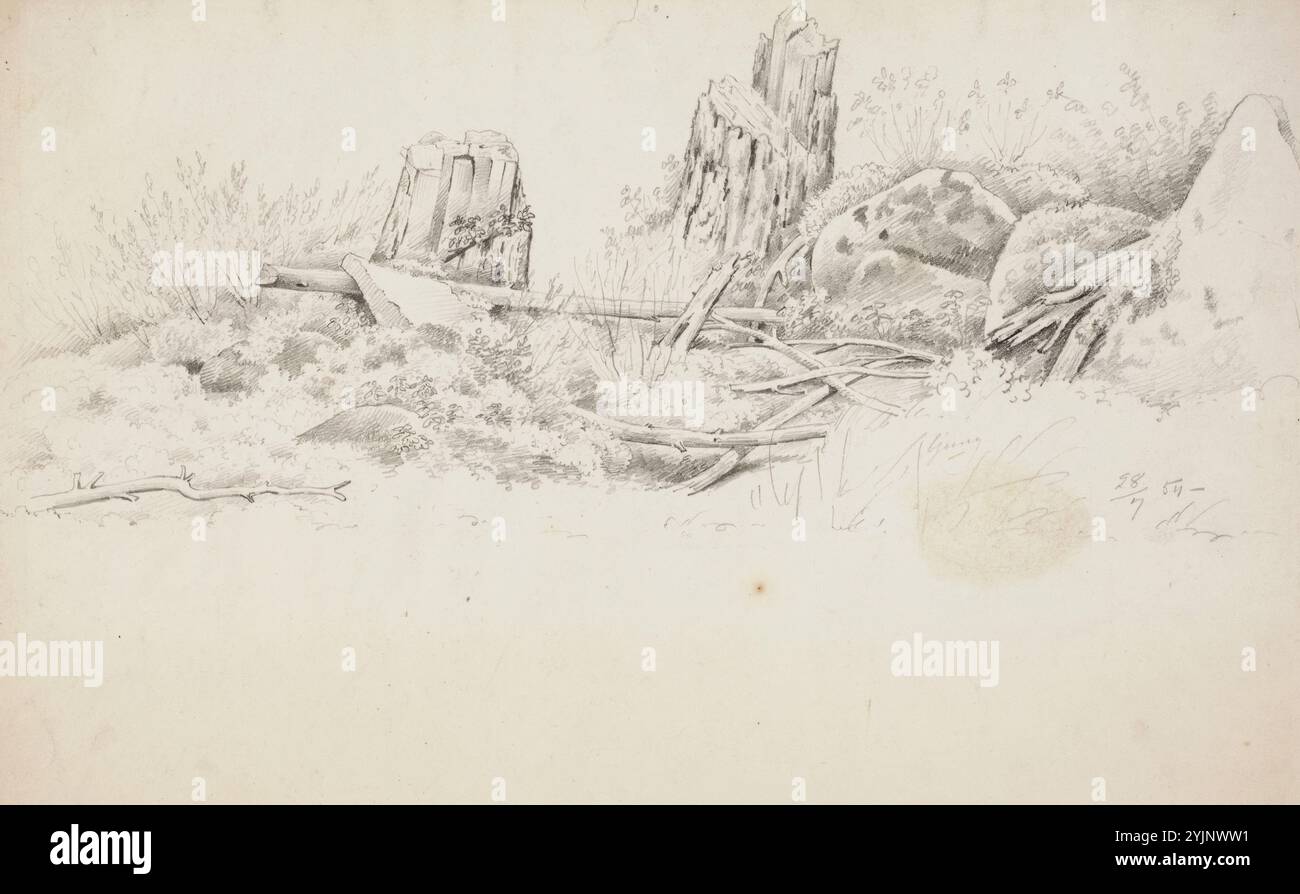 Wright, Magnus von, ceppi e pietre, schizzo del paesaggio (lavoro su due lati), 1854, disegno, PAESAGGIO, pietre, ceppi, 25,5 cm x 38 cm Foto Stock