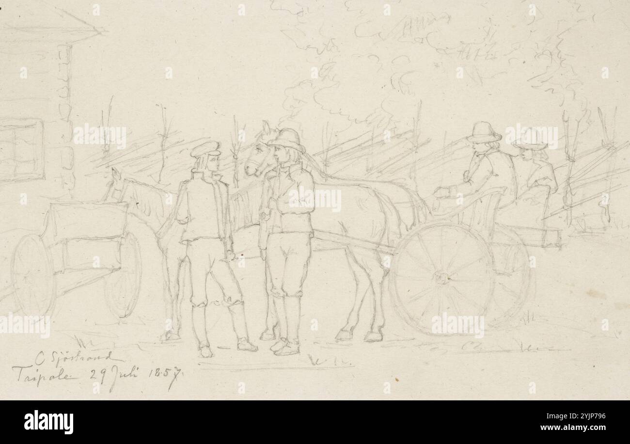 Sjöstrand, Carl Eneas, uomini, cavalli e kiese nel cortile di una casa a Taipale, 1857, disegno, 14 cm x 22,5 cm, foto n. 32101.396, 3/3/1999, fotografo: Mäkinen, Janne, tipo di foto: Laakadia V/y (2), parole chiave: 14x22.5 Foto Stock