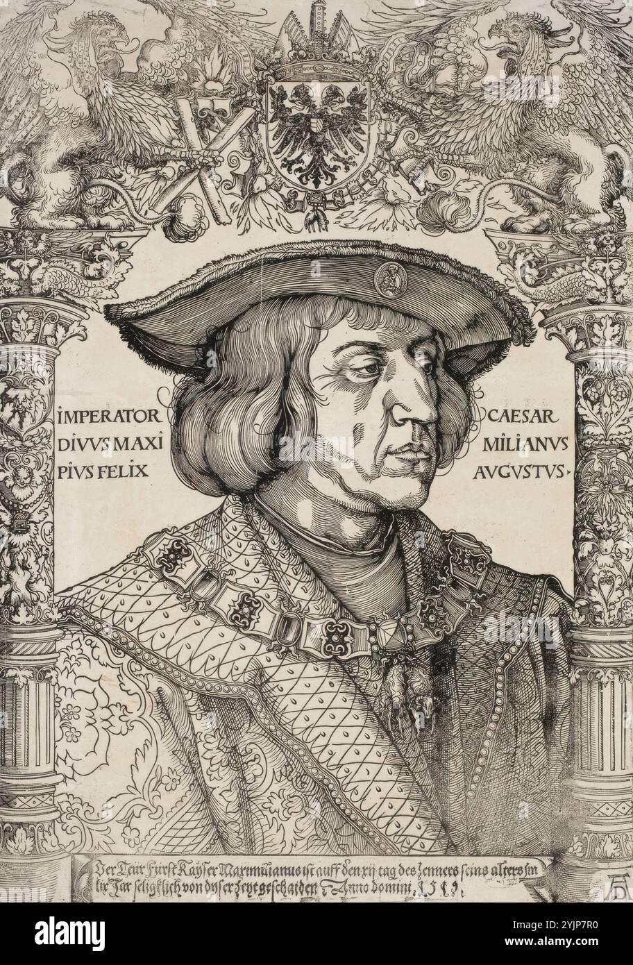 Dürer, Albrecht, opera, busto dell'imperatore Massimiliano, xilografia, grafica, 54 cm x 38 cm Foto Stock