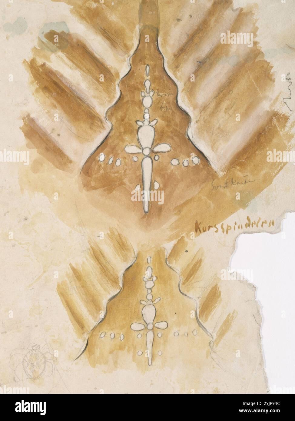 Simberg, Hugo, opera, "Korsspindelen", due bozzetti per la volta della galleria settentrionale della cattedrale di Tampere, testa dell'uomo con matita (opera su due lati), schizzo ondulato, acquerello e matita, disegno, 30,5 cm x 23 cm Foto Stock