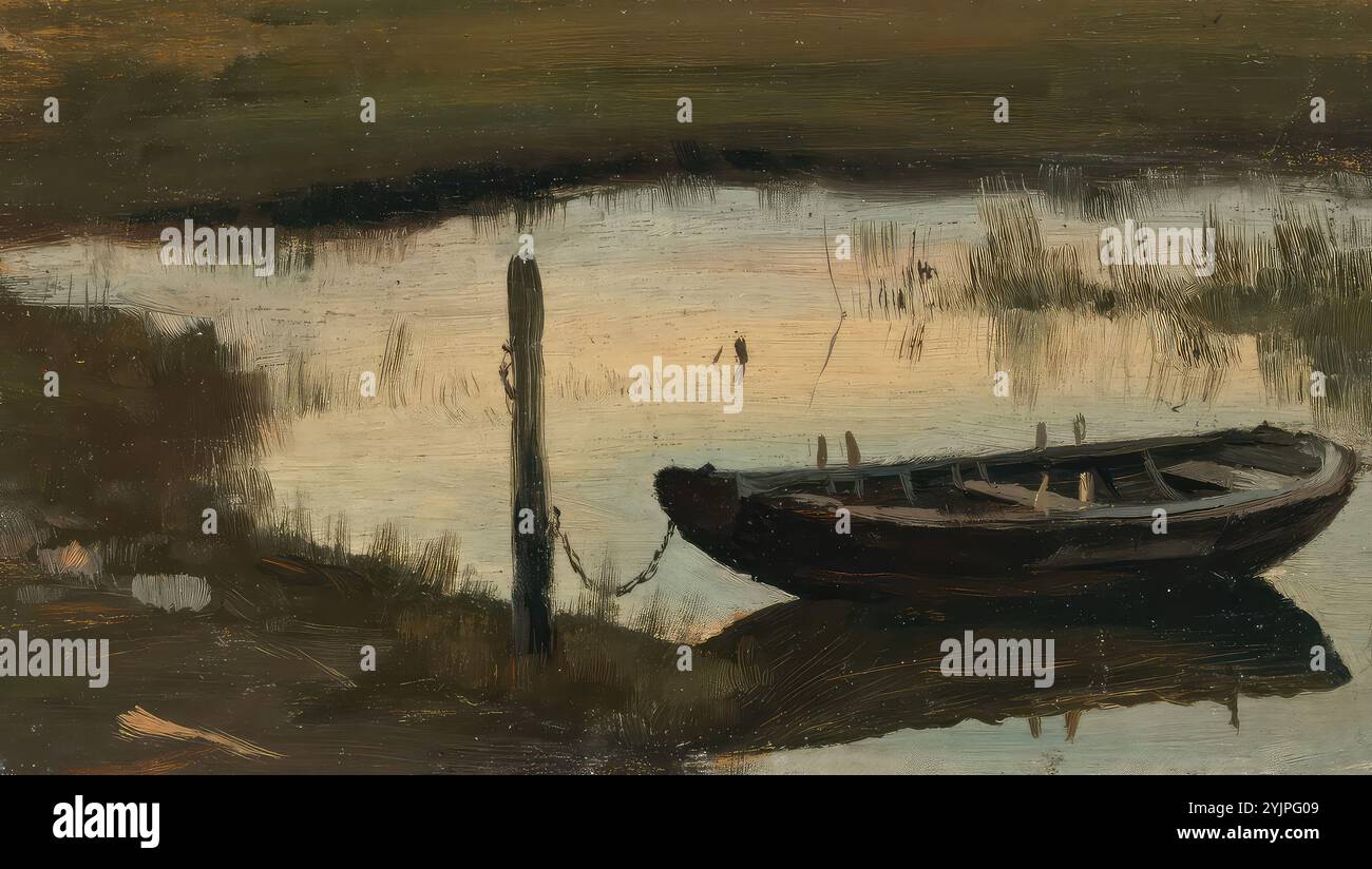 Wasastjerna, Torsten, lavoro, barca sulla riva, 1888, olio su legno, pittura, 11 cm x 19 cm Foto Stock