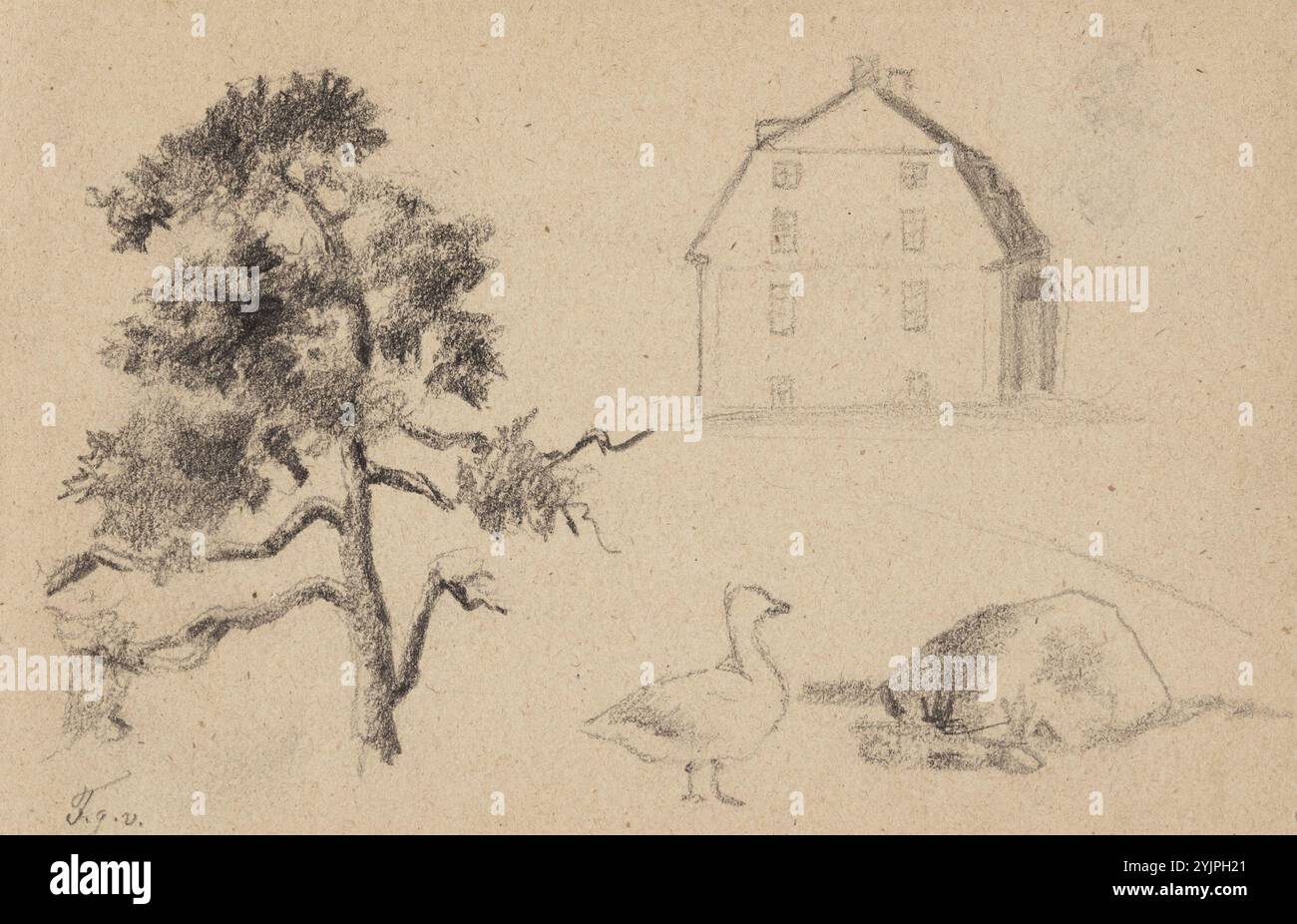 Schjerfbeck, Helene, libro per schizzi, 1876, disegno, 9,2 cm x 13,7 cm, sezione: Männynlatva, casa, l'oca e la pietra. Segnata: F.g.v., tempistica:, Helena Sofia Helene Schjerfbeck 1862 – 1946, pittrice modernista finlandese, nota per le sue opere realistiche, autoritratti, paesaggi e nature morte, finlandia Foto Stock