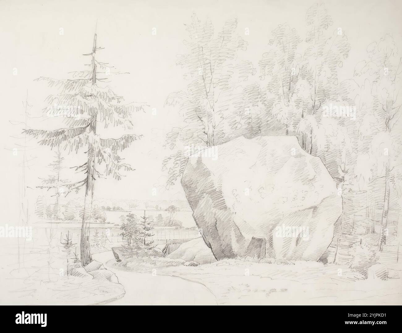 Wright, Magnus von, Work, Metsämaisema, 1851, matita, disegno, PAESAGGIO, foresta, pietra, strada, lago, 38 cm x 54,5 cm Foto Stock