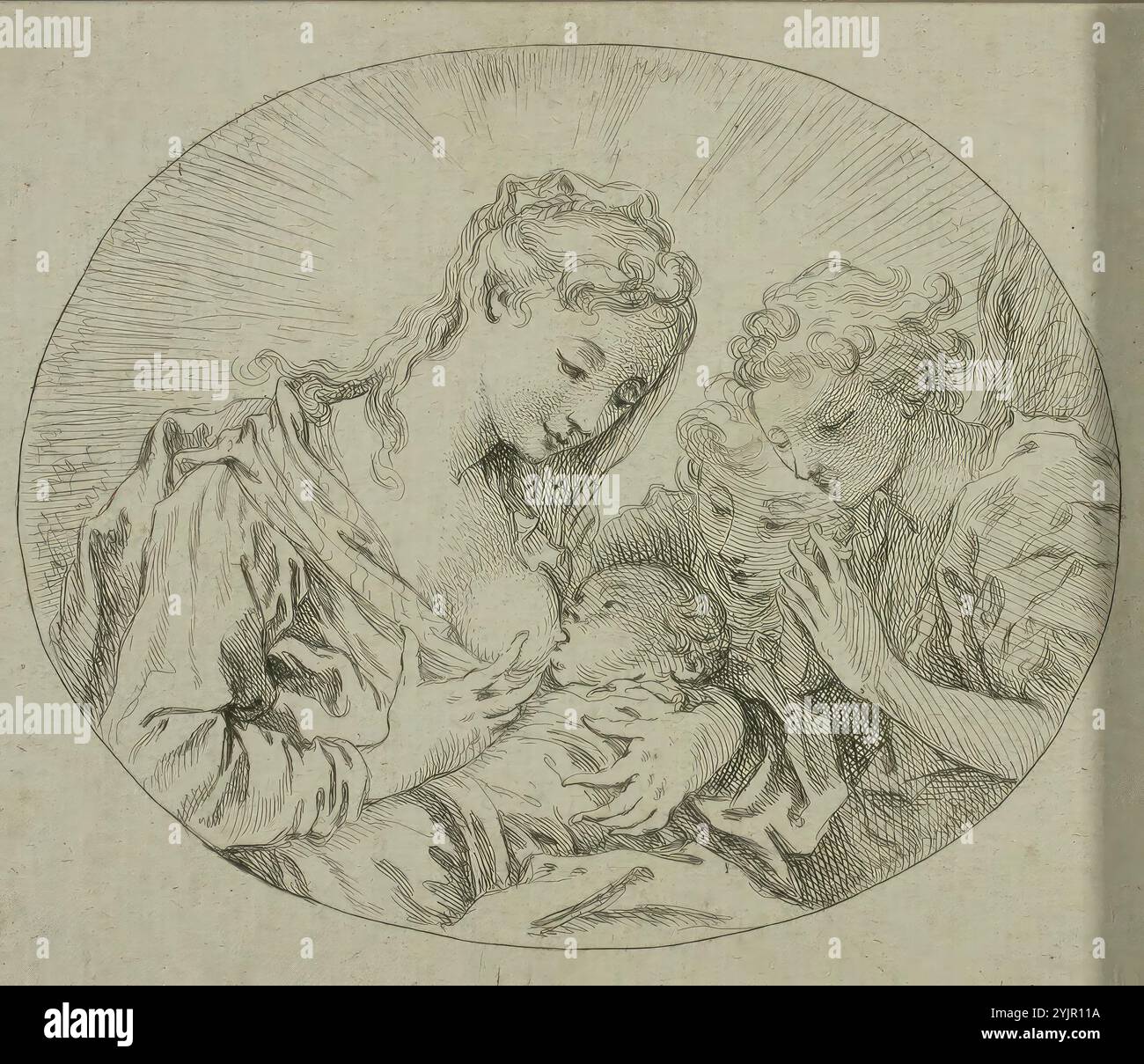 Boucher, Francesco, lavoro, Madonna, bambino e due angeli, (1000 - 2000), testo tecnica: Incisione lineare, grafica, larghezza foglio 18,6 cm, altezza foglia 16,2 cm, larghezza immagine 11,8 cm, altezza immagine 14,4 cm Foto Stock