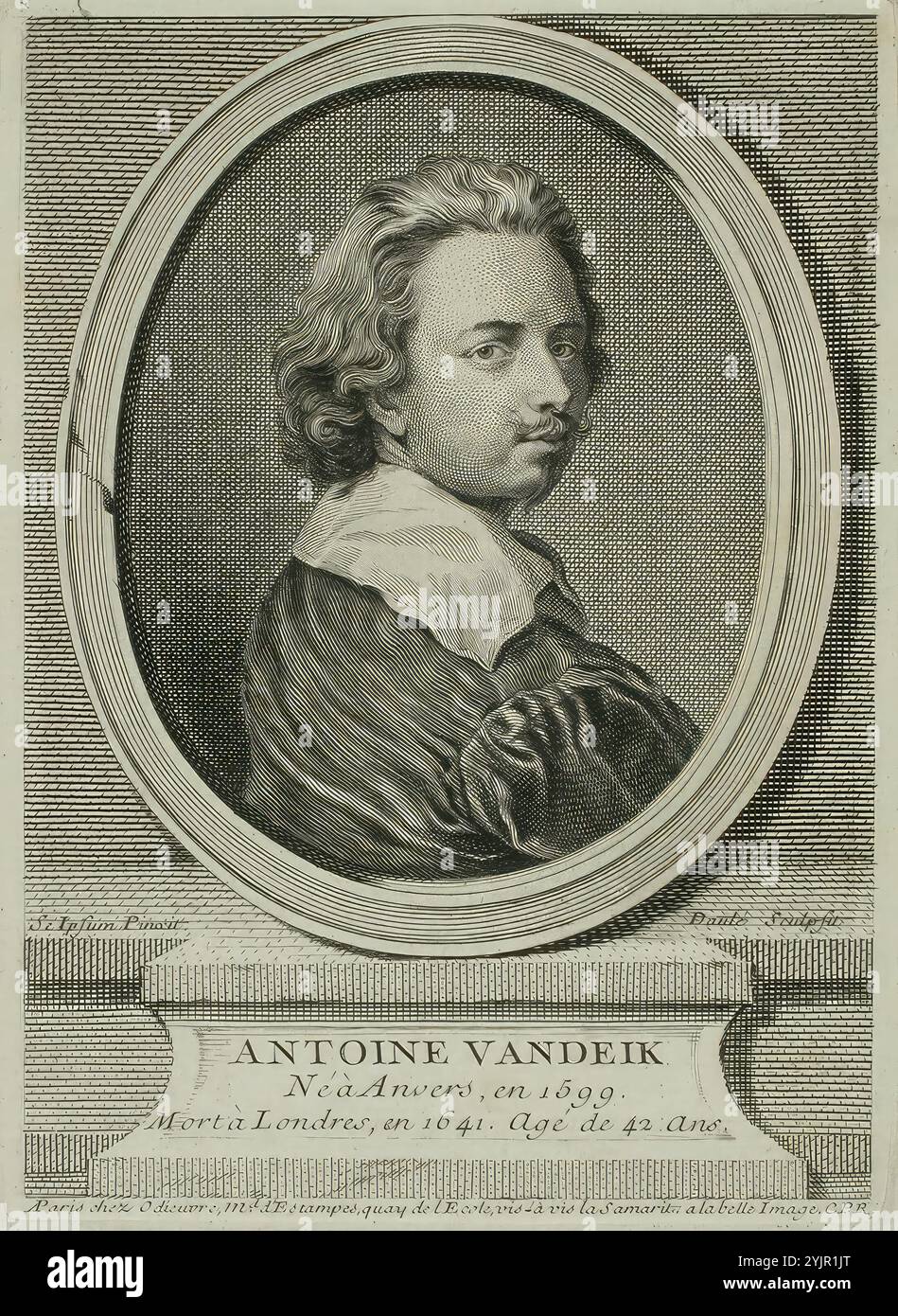 Daullé, Jean, Anton van Dyck, (1000 - 2003), incisione di rame, grafica, larghezza piastra 10,5 cm, altezza piastra 14,4 cm, larghezza foglia 16,4 cm, altezza foglia 26,2 cm Foto Stock