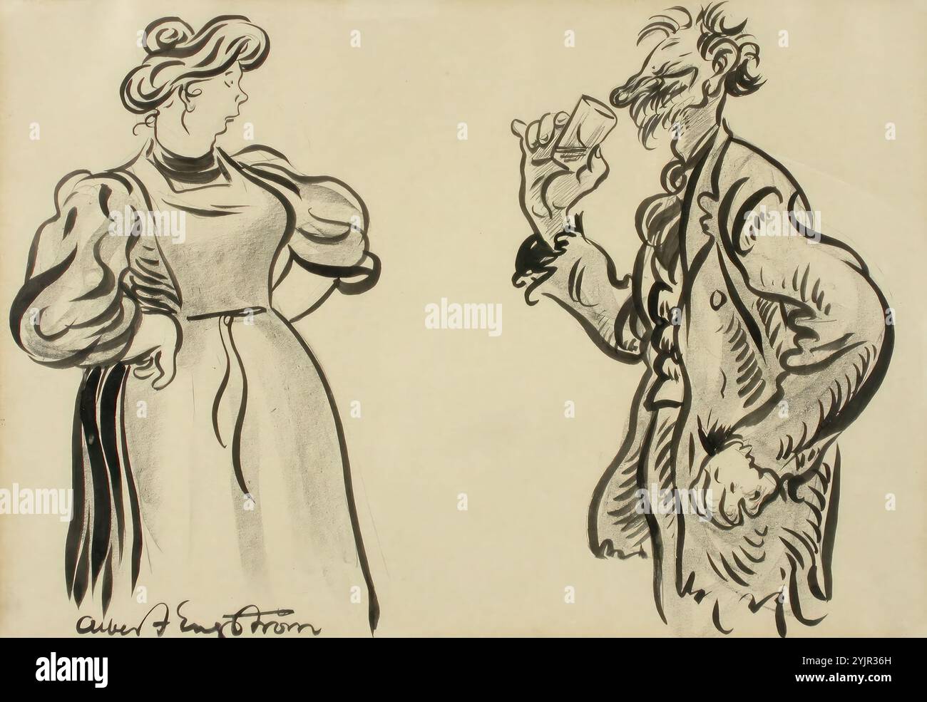 Engström, Albert, Work, liquore da un bicchiere di birra, caricatura, disegno, 28,4 cm x 40,8 cm Foto Stock