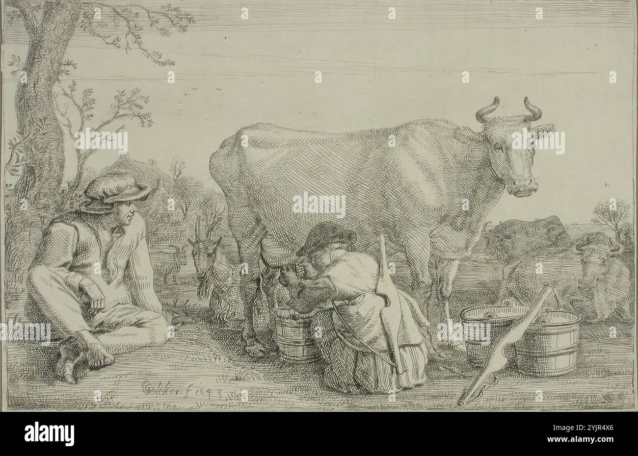 Bleker, G., lavoro, mungitura di una mucca, 1643, incisione linea, grafica, larghezza piastra 239 mm, altezza piastra 156 mm Foto Stock