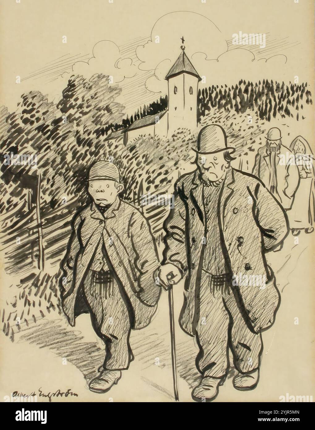 Engström, Alberto, di ritorno dalla Chiesa, caricatura, disegno, 41,6 cm x 28,4 cm Foto Stock
