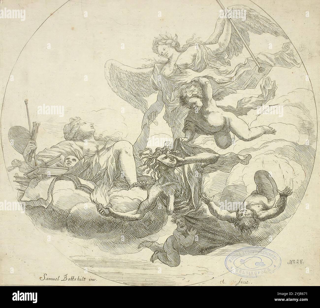 Bottschild, Samuel, lavoro, Allegoria dell'arte, testo della tecnica: Incisione lineare, grafica, larghezza foglia 26,6 cm, altezza foglia 24,1 cm, larghezza immagine 26, 1 cm, altezza immagine 23,9 cm Foto Stock