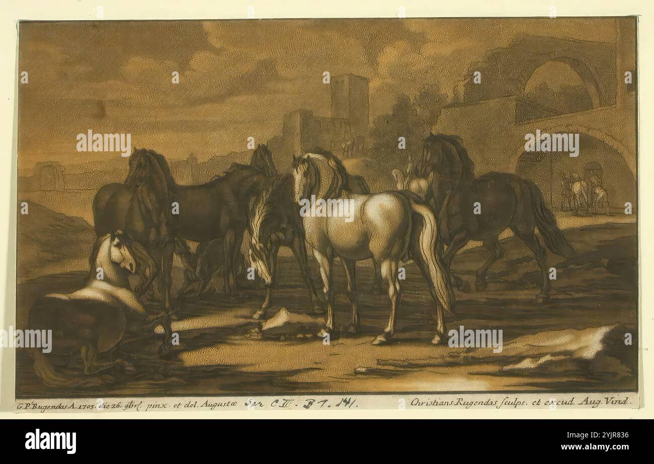 Rugendas, cristiano, inventore: Georg Philip Rugendas, lavoro, cavalli davanti alle rovine, (1000 - 2000), mezzotinto, grafica Foto Stock