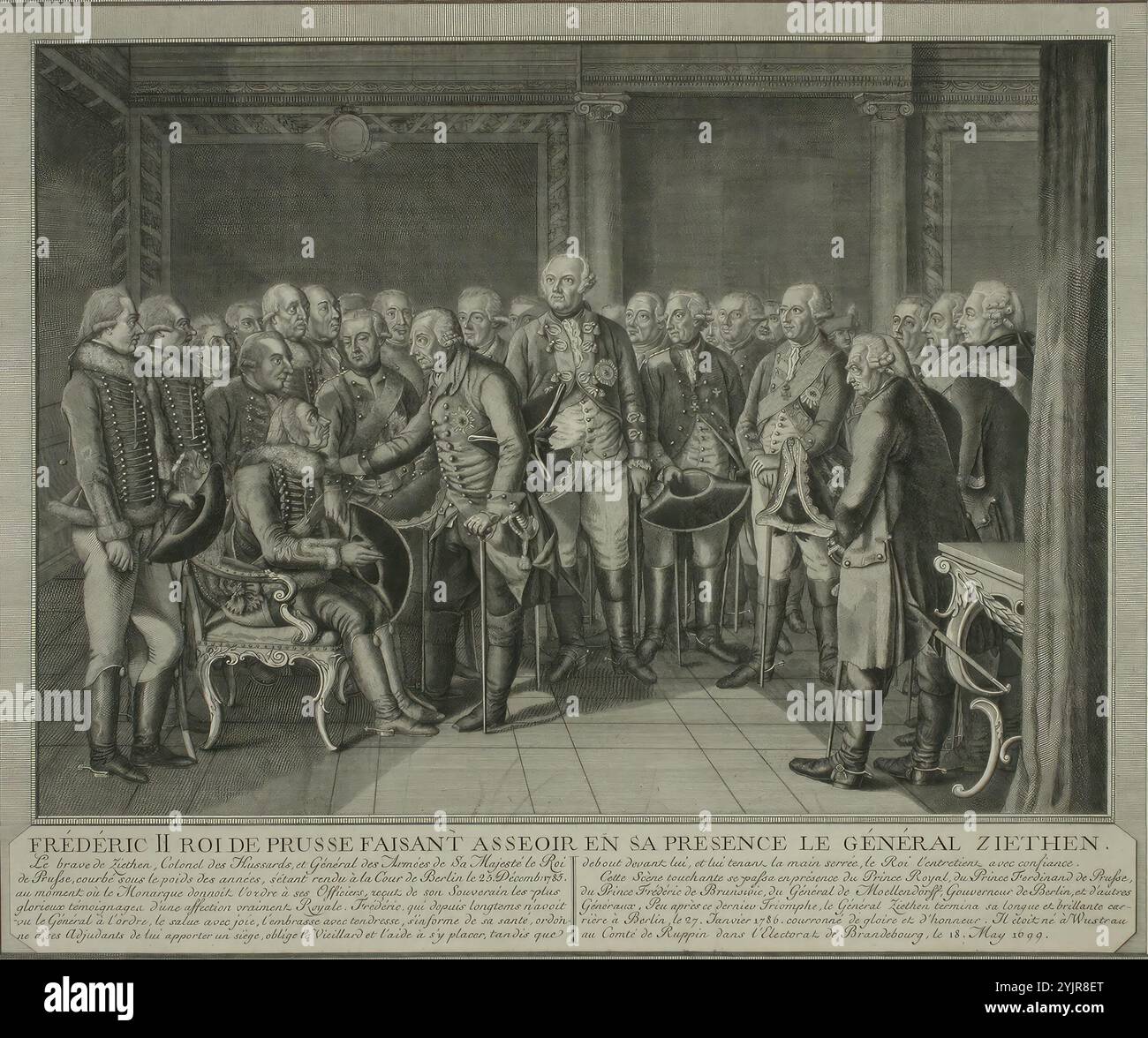 Chodowiecki, Daniel, lavoro, Federico II chiede al generale Ziethen di sedersi, (1000 - 2003), incisione in rame, grafica, larghezza piatto 34,3 cm, altezza piatto 29,7 cm Foto Stock