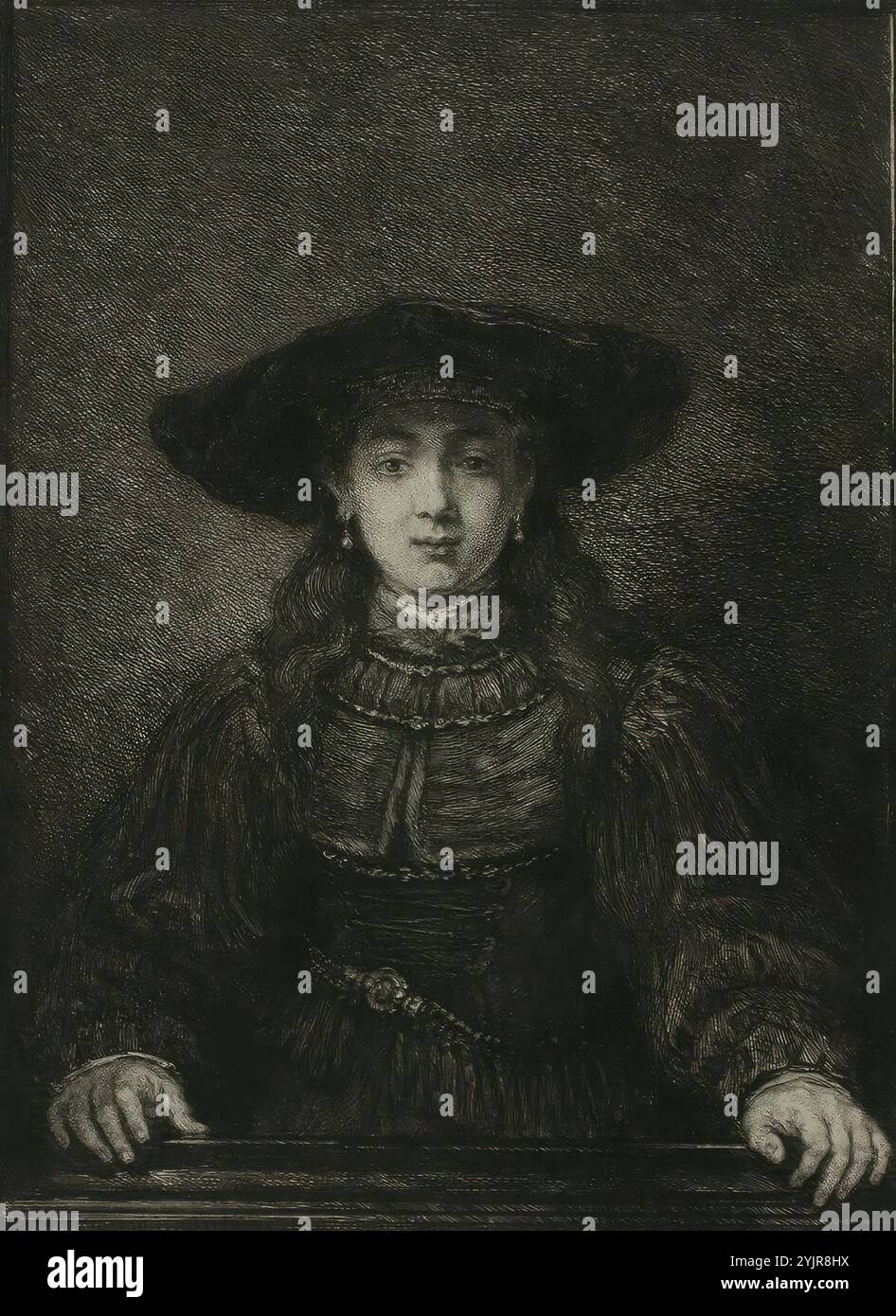 Unger, William, inventore: Rembrandt van Rijn, lavoro, Sposa ebraica, (1000 - 2000), testo tecnica: Incisione lineare, grafica, larghezza piastra 18 cm, altezza piastra 25,8 cm, larghezza foglia 31,6 cm, altezza foglia 49,5 cm, larghezza immagine 14,5 cm, altezza immagine 19,6 cm Foto Stock