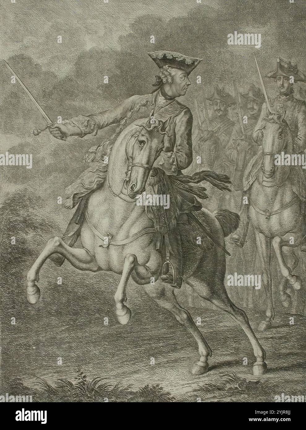 Chodowiecki, Daniel Nicolaus, lavoro, Fredrik il grande a cavallo, 1758, testo tecnica: Incisione lineare, grafica, larghezza piastra 21,8 cm, altezza piastra 31, 5 cm, larghezza foglia 24,3 cm, altezza foglia 34,3 cm, larghezza immagine 20,7 cm, altezza immagine 27,4 cm Foto Stock
