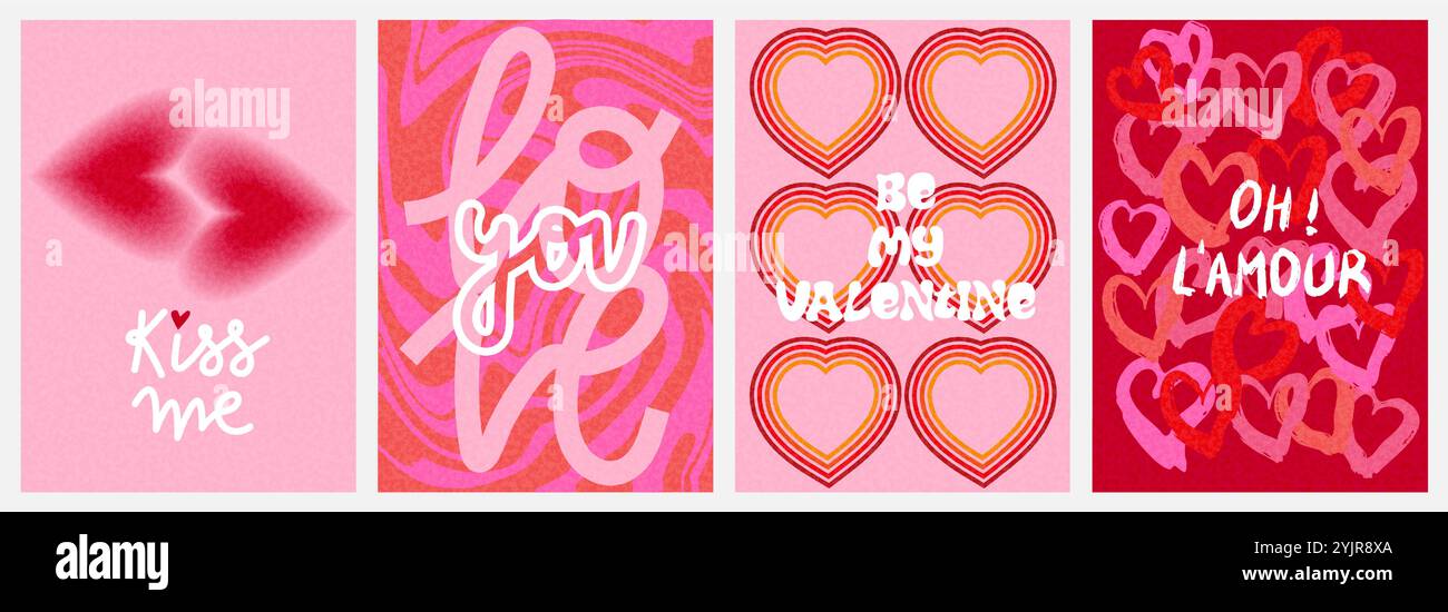 Cartolina di San Valentino o collezione di poster con cuori, virgolette e texture nei colori rosa e rosso. Effetto granuloso aggiunto Illustrazione Vettoriale