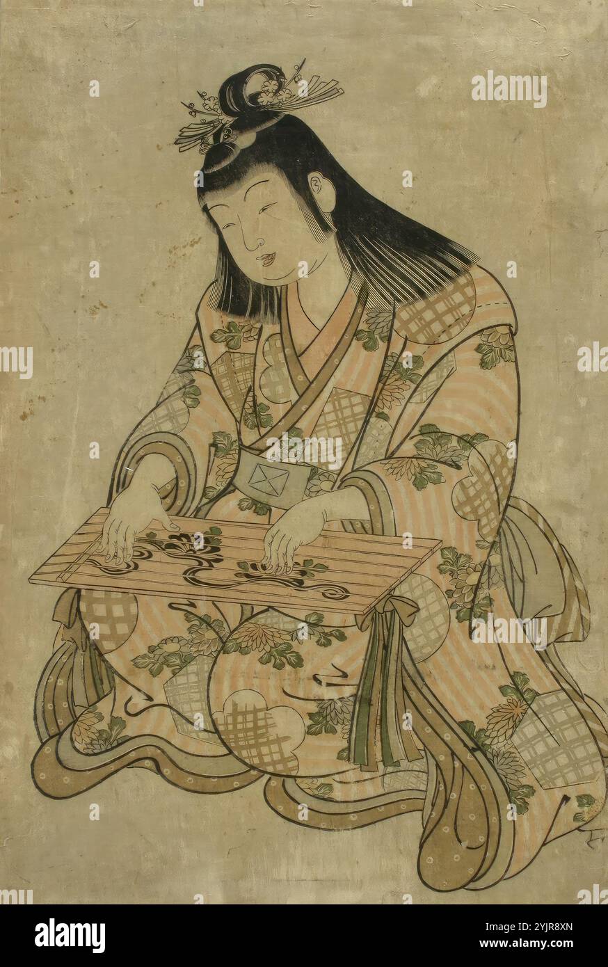 Kiyonaga, Torii, Work, Wa-gon Un giovane che gioca la zither, xilografica, colore, grafica, 38 cm x 25,6 cm Foto Stock