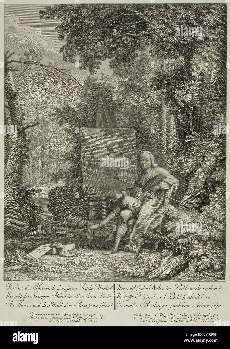 Ridinger, Martin Elias, inventore: Johann Elias Ridinger, lavoro, Johann Ridinger al cavalletto, (1000 - 2000), incisione in rame, grafica, larghezza piastra 25,5 cm, altezza piastra 34,3 cm, larghezza foglia 30,5 cm, altezza foglia 41,6 cm, larghezza immagine 22,9 cm, altezza immagine 28,4 cm Foto Stock