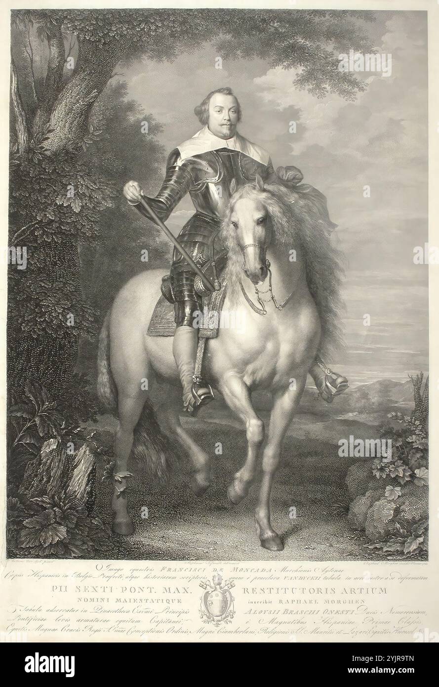 Morghen, Raffaello, inventore: Anton van Dyck, opera, Ritratto equestre di Francisco de Moncada, 1793, incisione in rame, grafica, larghezza foglio 46,1 cm, altezza piatto 65,4 cm Foto Stock