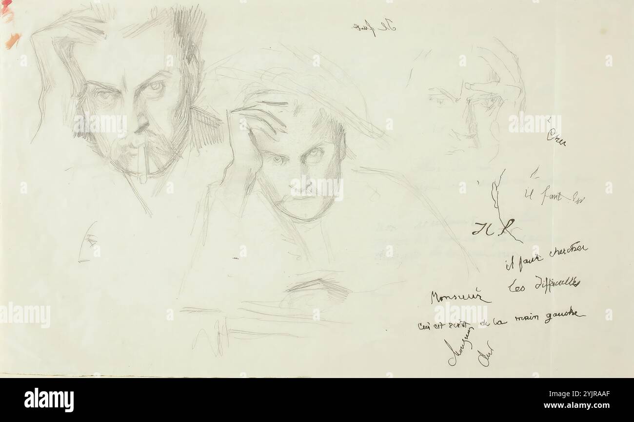 Edelfelt, Albert, lavoro, Autoritratto, tre esercizi per il viso, matita, disegno, 23 cm x 38,5 cm, Albert Gustaf Aristides Edelfelt 1854 – 1905, pittore finlandese. Pittura in stile naturalistico e con un approccio realista all'arte. Vivere in Finlandia Foto Stock