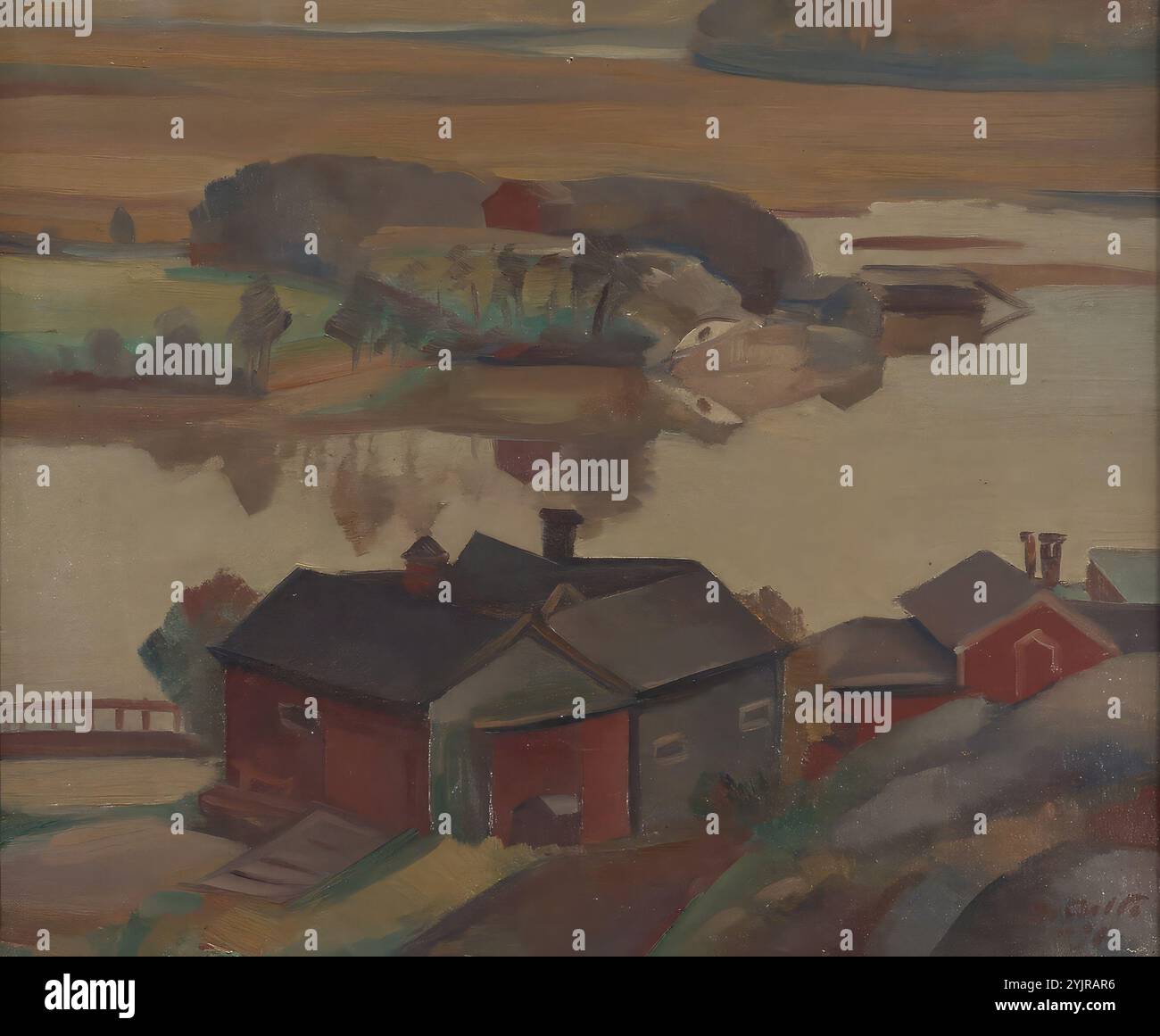 Aalto, Ilmari, opera, paesaggio fluviale con edifici, 1930, olio su tela, pittura, 38 cm x 46,5 cm Foto Stock