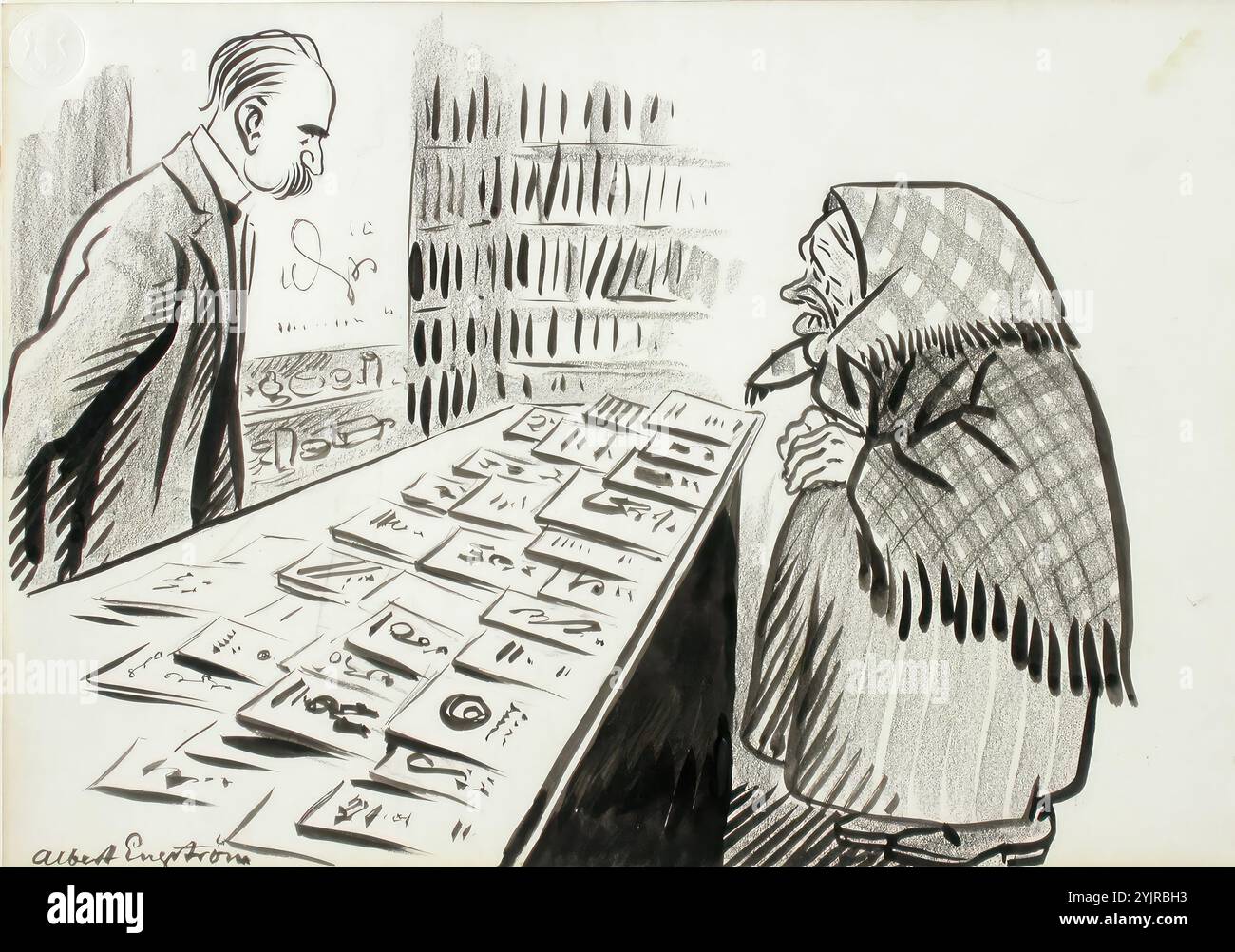 Engström, Albert, Work, Kaisa - mummo in libreria, caricatura, disegno, 29,1 cm x 42 cm Foto Stock