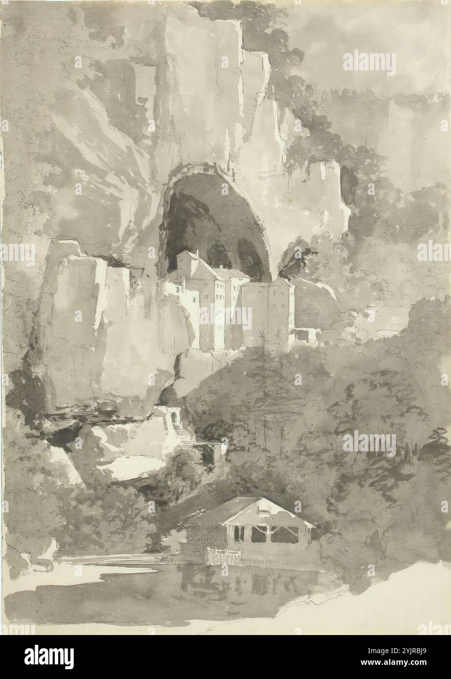 Lauréus, Alexander, opera, paesaggio italiano, incisione, matita, disegno, PAESAGGIO COSTRUITO, gamma, Italia, 38,3 cm x 27,2 cm Foto Stock