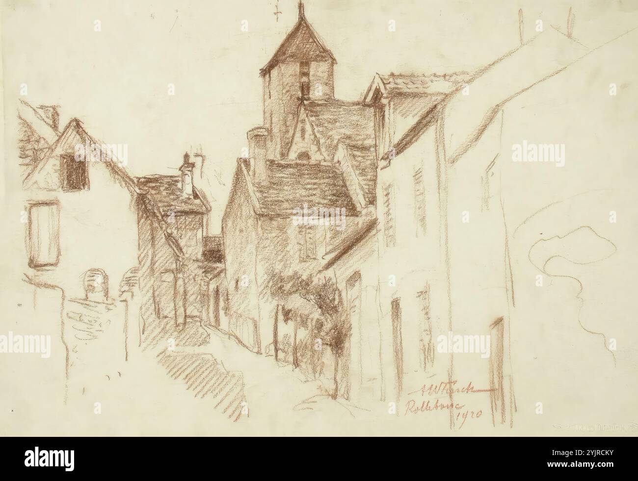Finch, Alfred William, Work, Stadsvy med kyrktorn, gesso bruno, disegno, 26 cm x 38 cm Foto Stock