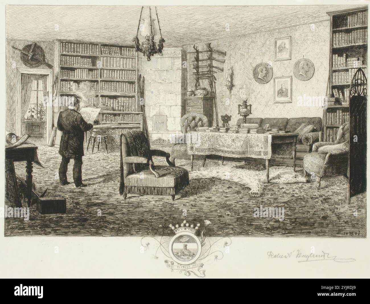 Haglund, Robert Ludvig, lavoro, Adolf Erik Nordenskjöld nel suo studio, incisione, grafica, larghezza piastra 31,7 cm, altezza piastra 23,8 cm, larghezza foglia 58,5 cm, altezza foglia 42 cm, larghezza immagine 27 cm, altezza immagine 17,2 cm Foto Stock