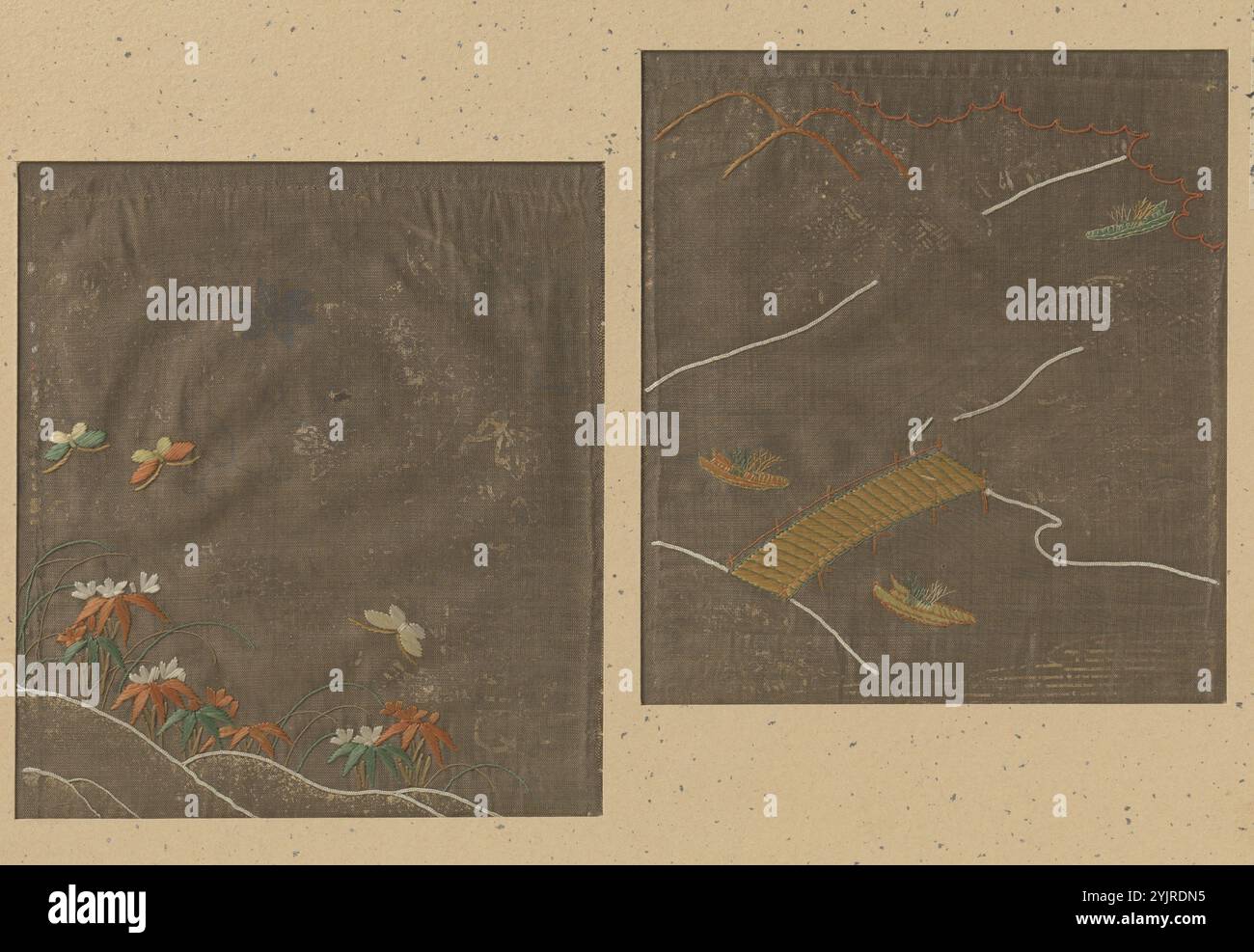 Due frammenti di tessuto, frammenti tessili, frammenti tessili, due, ricami su seta marrone stampata, anonimo, Giappone, 1681 - 1684, periodo Tenna, seta, altezza 14,5 cm x larghezza 13 cm Foto Stock