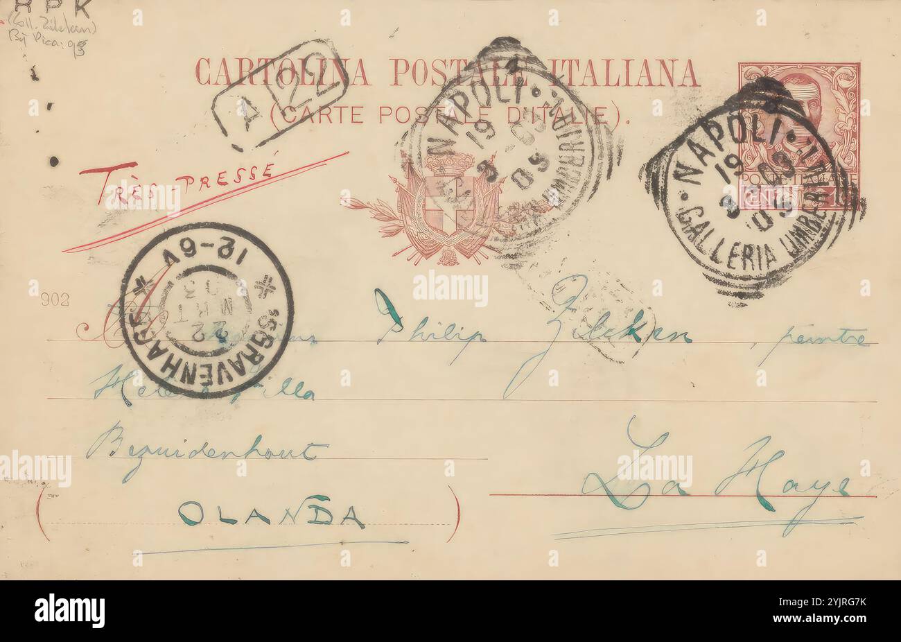 Cartolina a Philip Zilcken, cartolina, scrittore: Vittorio Pica, Napoli, 19-mar-1903, inchiostro di cartone, scrittura, penna, arti grafiche, materiale stampato, Philip Zilcken, Johannes Mattheus Graadt van Roggen, Johannes Hendricus Stark, Simon Moulijn, Eduard Karsen, Maurits van der Valk, Anton Mauve, Jacob Maris, Matthijs Maris, Willem Maris, Hendrik Johannes Haverman, Jozef Israëls, Hendrik Willem Mesdag, Carel Nicolaas Storm van 's-Gravesande, Willem Witsen, Wijnand otto Jan Nieuwenkamp, Jacobus Gerardus Veldheer, Marius Bauer, Pieter Dupont, Siebe Johannes Ten Cate, Jan Veth, Albrecht Felix Reicher Foto Stock