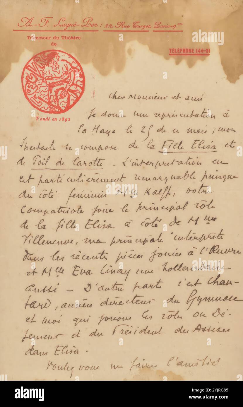 Lettera a Philip Zilcken, scrittore: Lugné-PoE, Parigi, 1879 - 1930, inchiostro di carta, scrittura, penna, stampa, le arti del palcoscenico: balletto, teatro, dramma musicale, cinema, l'Aia, Philip Zilcken, Théâtre de l'oeuvre, Marie Kalff Foto Stock