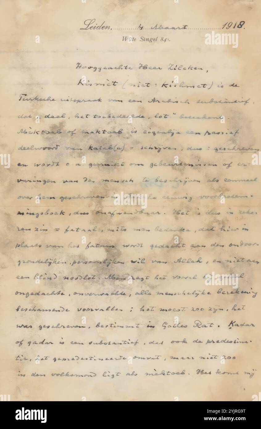 Lettera a Philip Zilcken, scrittore: Christiaan Snouck Hurgronje, Leida, 4 marzo 1918, carta foderata inchiostro, scrittura, penna, stampa, arti del palco: balletto, teatro, dramma musicale, cinema, Algeria, Philip Zilcken Foto Stock