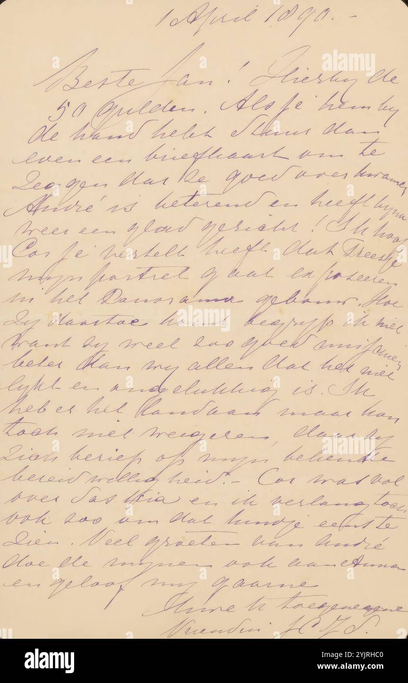 Lettera a Jan Veth, scrittore: Jacoba Cornelia Jolles-Singels, 1 aprile 1890, carta inchiostro, scrittura, penna, denaro, personaggi storici (ritratti e scene della vita), Jan Veth, Thérèse Schwartze Foto Stock