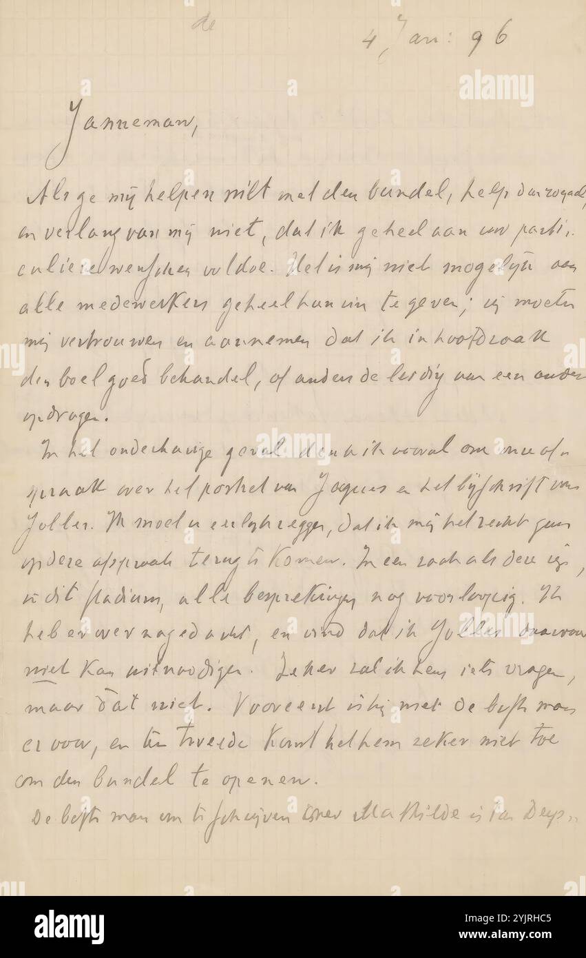 Lettera a Jan Veth, scrittore: Chap van Deventer, Amsterdam, 3 gennaio 1896, inchiostro di carta, scrittura, penna, stampa, personaggi storici (ritratti e scene della vita), Jan Veth, Jacques Perk, André Jolles, Lodewijk van Deyssel, de Kroniek, Allard Pierson, August Allebé Foto Stock