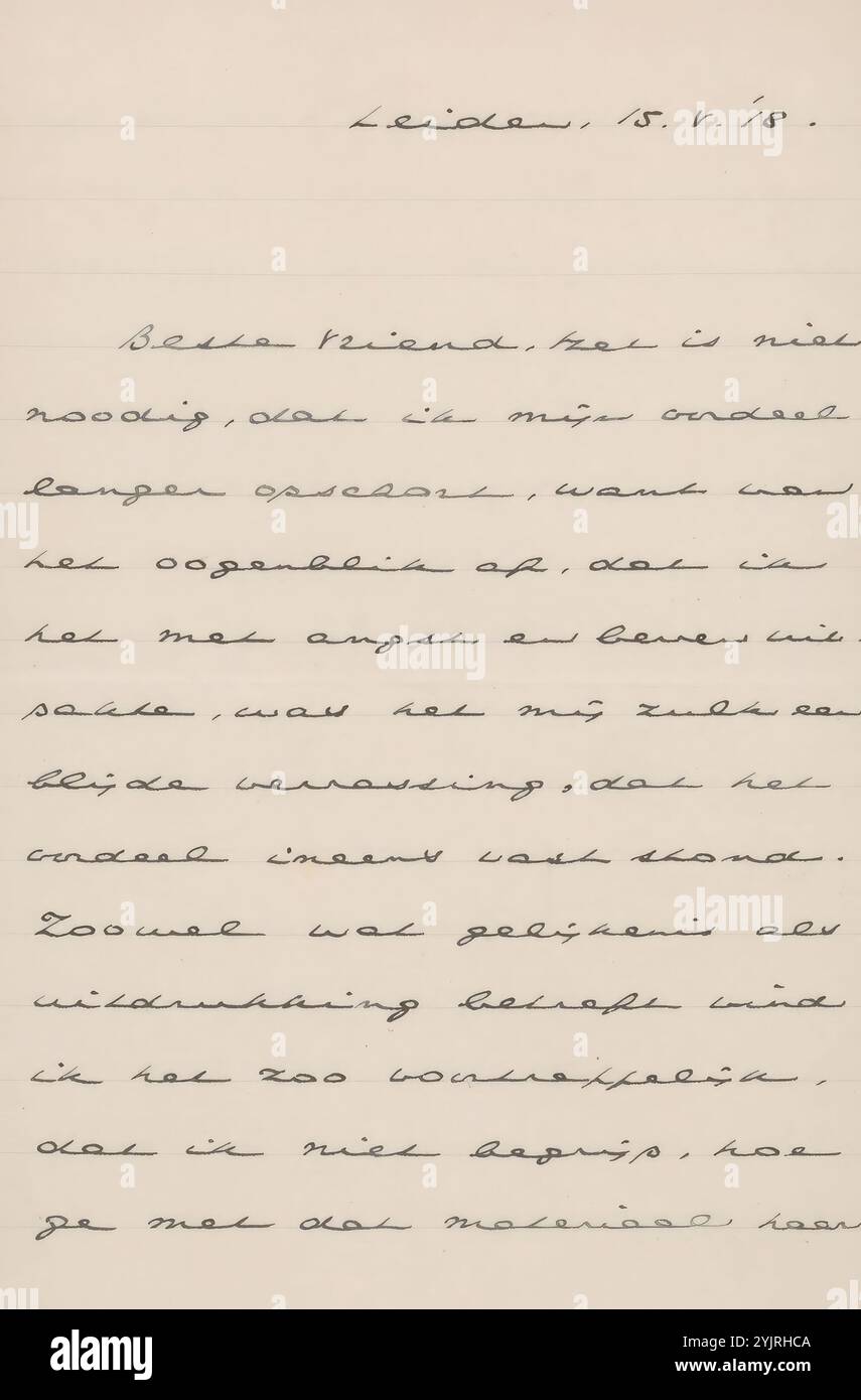 Lettera a Jan Veth, scrittore: Johan Huizinga, Leiden, 15 maggio 1918, inchiostro di carta foderato, scrittura, penna, personaggi storici (ritratti e scene della vita), passioni, emozioni, affetto, Jan Veth, lady Mary Vincentia Schorer Foto Stock