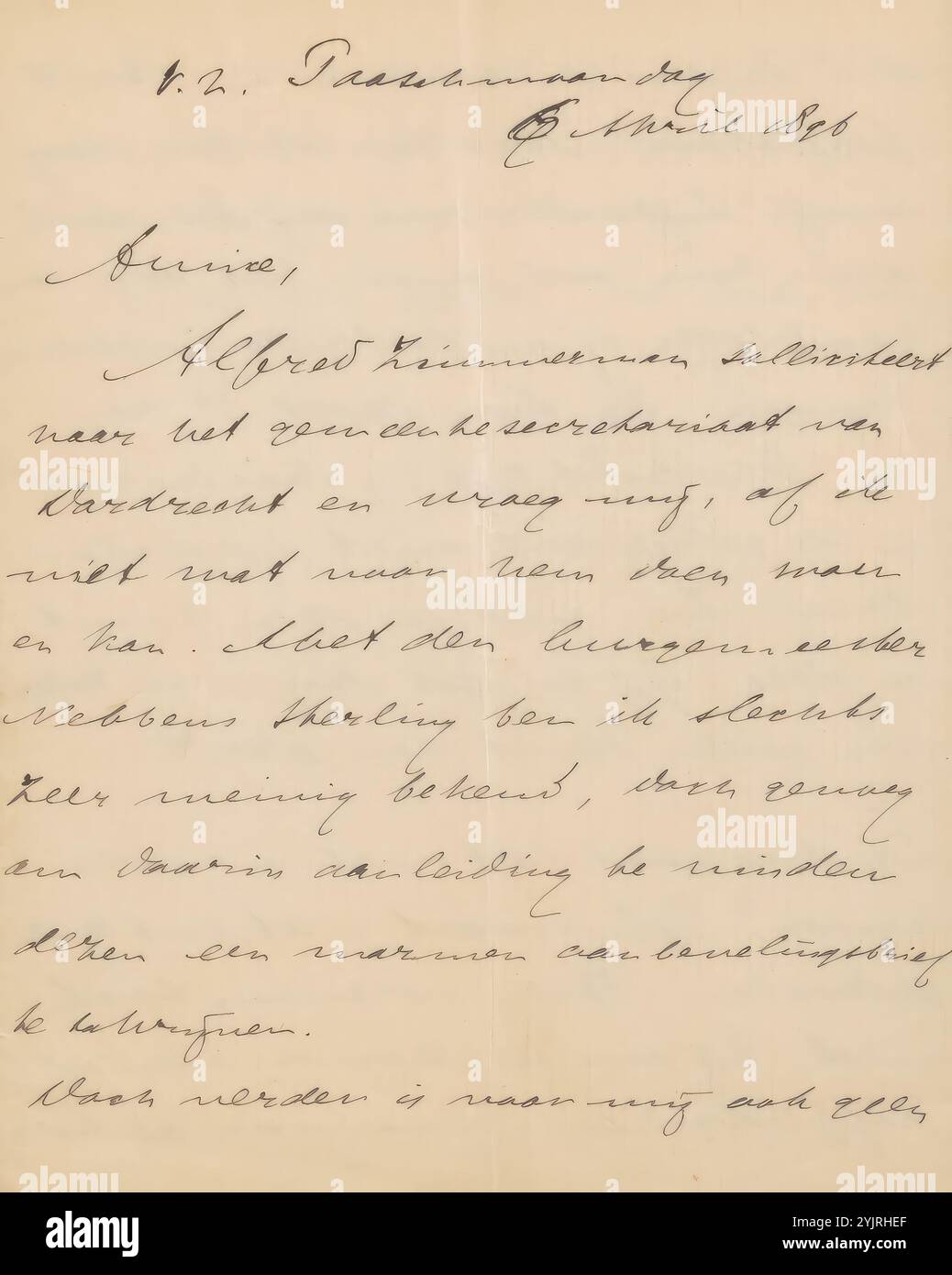 Lettera a Jan Veth, scrittore: Jacob Pieter Moltzer, l'Aia, 6 aprile 1896, inchiostro di carta, scrittura, penna, oggetto, Dordrecht, Jan Veth, Alfred Rudolph Zimmerman, Hermanus Adrianus Nebbens Sterling Foto Stock