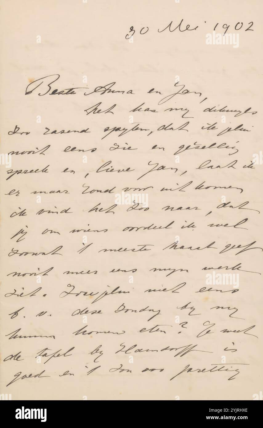 studio del, (in generale), Anna Dorothea Dirks, Jan Veth, Hotel Hamdorff, lettera ad Anna Dorothea Dirks e Jan Veth, datata 30 maggio 1902 in Later Hand., scrittore: Wally Moes, ca. 10-ago-1888 - 1918, inchiostro di carta, scrittura, penna, laboratorio Foto Stock