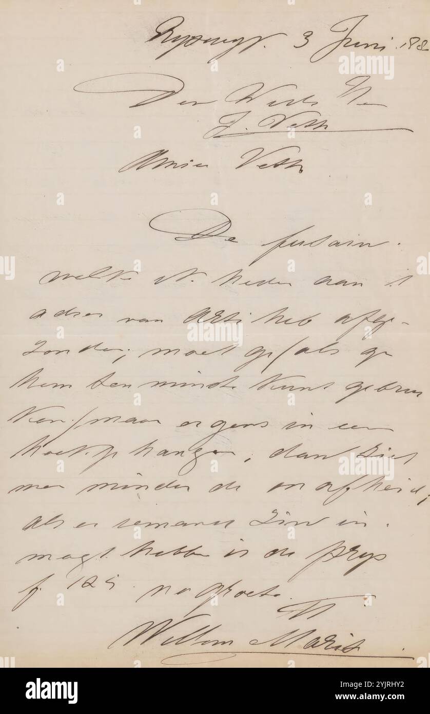 Lettera a Jan Veth, scrittore: Willem Maris, Rijswijk, 3-giu-1888 - 30-giu-1888, inchiostro di carta, scrivere, penna, soldi, Jan Veth, Arti et Amicitiae Foto Stock