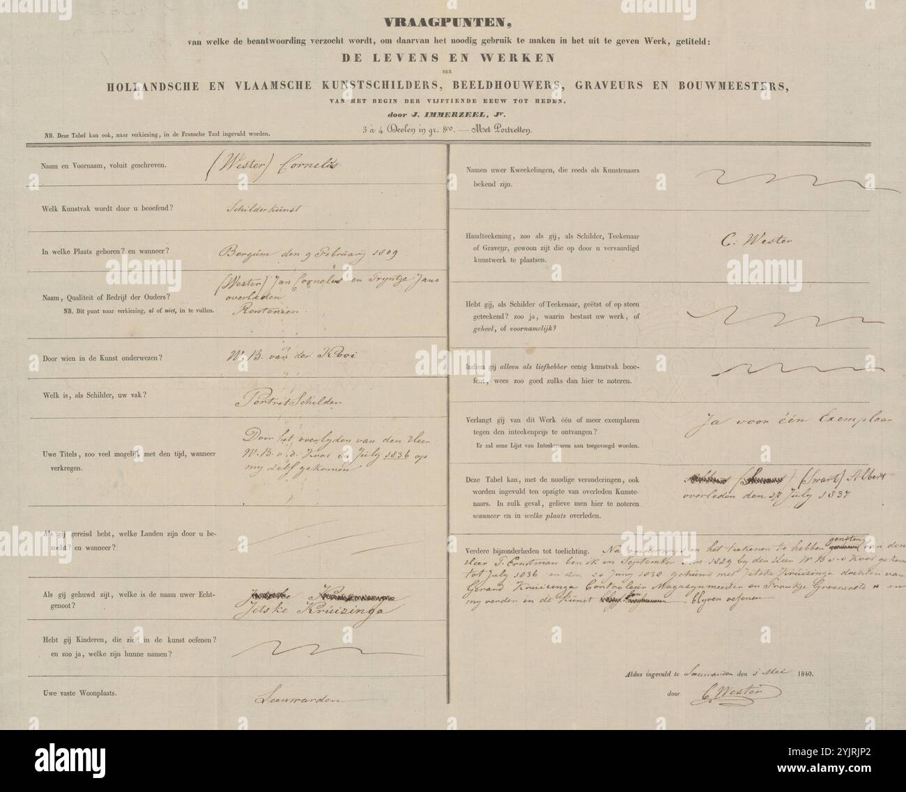 Modulo d'indagine completato da Cornelis Wester, modulo d'indagine calligrafia, iscrizione, stampato: "Punti interrogativi, le cui risposte sono richieste, al fine di farne l'uso necessario nell'opera da pubblicare, intitolato: Le vite e le opere, di pittori olandesi e fiamminghi, scultori, incisori e maestri costruttori, dall'inizio del XV secolo ad oggi di J. Immerzeel, Jr.", stampato, cliente: Johannes, Immerzeel, scrittore: Cornelis Wester, Leeuwarden, 1 maggio 1840, carta inchiostro, scrittura, penna, stampa, registrata in: Immerzeel, J. Jr., The Lives and Works of the Dutch and Flemish Foto Stock